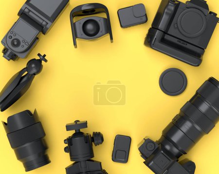 Foto de Top view of monochrome designer workspace and gear like laptop, tablet, digital camera and spidlight flash on yellow background. 3d render of accessories for illustrator and photography tools - Imagen libre de derechos