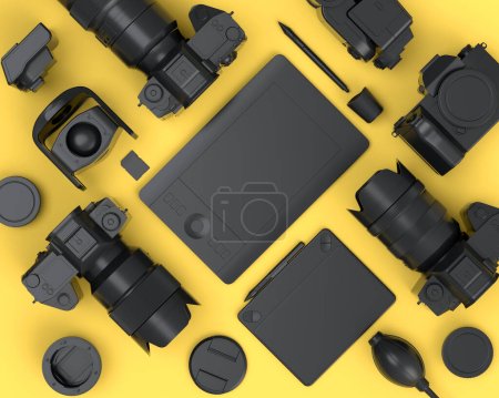 Photo for Top view of monochrome designer workspace and gear like laptop, tablet, digital camera and spidlight flash on yellow background. 3d render of accessories for illustrator and photography tools - Royalty Free Image