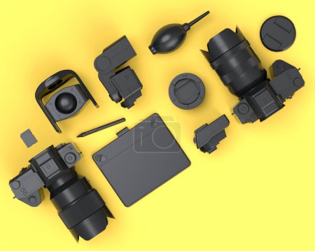 Photo for Top view of monochrome designer workspace and gear like calibrator, tablet, digital camera and spidlight flash on yellow background. 3d render of accessories for illustrator and photography - Royalty Free Image