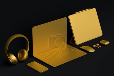 Foto de Realistic aluminum laptop with graphic tablet, mouse, headphones and phone isolated on white background. 3D rendering concept of creative designer equipment and compact workspace - Imagen libre de derechos