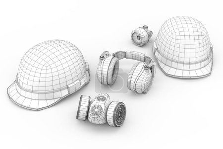 Photo for Safety helmet or hard cap, respirator and earphones muffs isolated on white background. 3d render concept of layers of visible and invisible lines are separated, wireframe style - Royalty Free Image