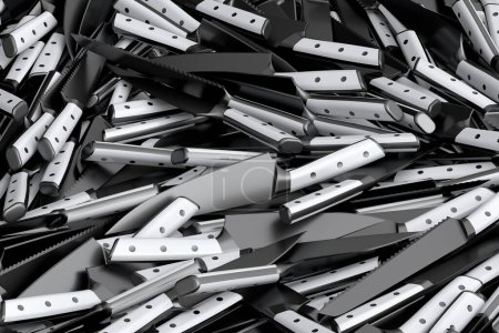 Téléchargez les photos : Pile de couteaux de cuisine du chef sur fond noir. 3d rendu de couteaux de boucher ou d'ustensiles de cuisine professionnels - en image libre de droit