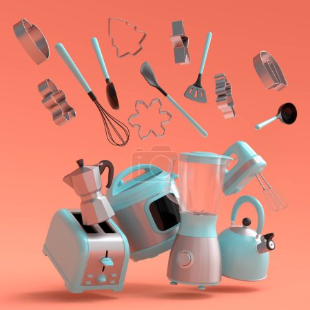 Photo for Espresso coffee machine, hand mixer, kettle and toaster for preparing breakfast on orange background. 3d render of coffee pot for making latte coffee - Royalty Free Image