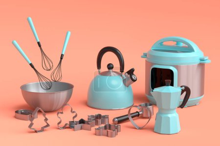 Photo for Espresso coffee machine, hand mixer, kettle and toaster for preparing breakfast on orange background. 3d render of coffee pot for making latte coffee - Royalty Free Image