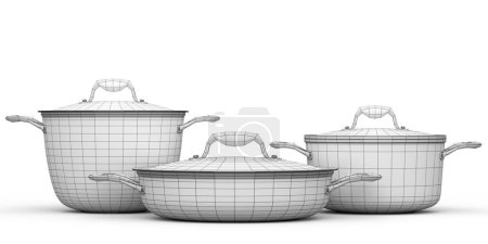 Photo for Set of stainless steel stewpot, frying pan and chrome plated cookware isolated on white background. 3d render concept of layers of visible and invisible lines are separated, wireframe style - Royalty Free Image