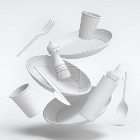 Photo for Set of disposable utensils like plate, folk, spoon,knife, cup and pepper and salt mill on monochrome background. 3d render concept of save the earth and zero waste - Royalty Free Image
