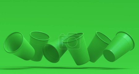 Set de copa desechable de plástico aislada sobre fondo verde monocromo. 3d renderizado de vidrio para llevar para el jugo, fresco, cerveza