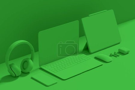 Aluminum laptop with graphic tablet, mouse, headphones and phone isolated on monochrome background. 3D render concept of creative designer equipment and compact workspace