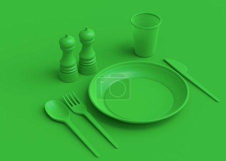 Photo for Set of disposable utensils like plate, folk, spoon,knife, cup and pepper and salt mill on green monochrome background with copy space. 3d render concept of save the earth and zero waste - Royalty Free Image