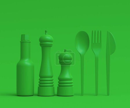 Set von Einweg-Utensilien wie Teller, Folk, Löffel, Messer, Tasse und Pfeffer- und Salzmühle auf grünem monochromen Hintergrund mit Kopierraum. 3D-Renderkonzept der Rettung der Erde und null Abfall