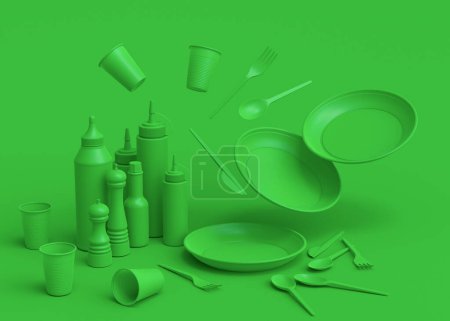 Set von Einweg-Utensilien wie Teller, Folk, Löffel, Messer, Tasse und Pfeffer- und Salzmühle auf grünem monochromen Hintergrund mit Kopierraum. 3D-Renderkonzept der Rettung der Erde und null Abfall