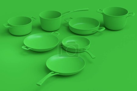 Set aus fliegendem Edelstahl-Kochtopf, Bratpfanne und verchromtem Aluminium-Kochgeschirr auf grünem monochromen Hintergrund. 3D-Rendering von Antihaft-Küchengeräten