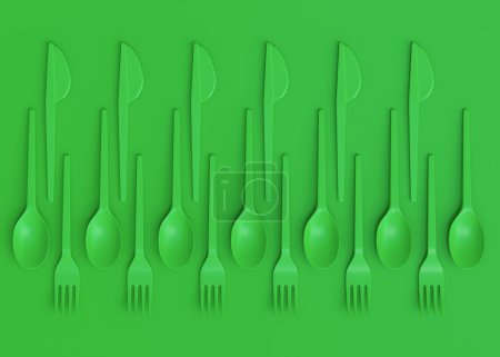 Set de utensilios desechables como plato, folk, cuchara, cuchillo, taza y pimienta y molino de sal sobre fondo verde monocromo con espacio para copiar. 3d renderizar el concepto de salvar la tierra y cero residuos