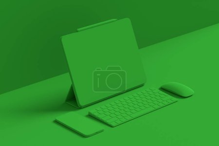 Aluminum laptop with graphic tablet, mouse, headphones and phone isolated on monochrome background. 3D render concept of creative designer equipment and compact workspace