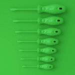 Set of monochrome screwdriver on multicolor background top view. 3d render and illustration of tool for carpentry work or instrument for wood