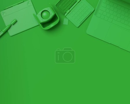 Photo for Top view of gold designer workspace and gear like laptop, tablet, digital camera and spidlight flash on monochrome background. 3d rendering of accessories for illustrator and photography tools - Royalty Free Image