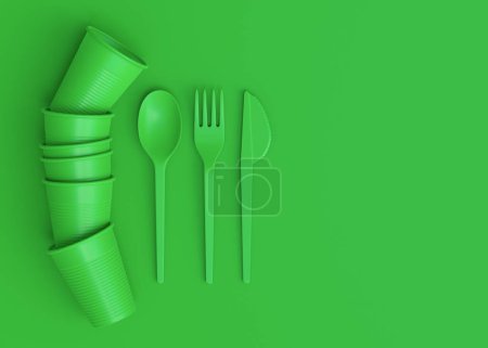 Set of disposable utensils like plate, folk, spoon,knife, cup and pepper and salt mill on green monochrome background with copy space. 3d render concept of save the earth and zero waste