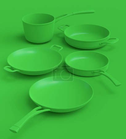 Set of flying stainless steel stewpot, frying pan and chrome plated aluminum cookware on green monochrome background. 3d render of non-stick kitchen utensils
