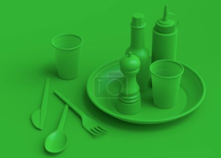 Photo for Set of disposable utensils like plate, folk, spoon,knife, cup and pepper and salt mill on green monochrome background with copy space. 3d render concept of save the earth and zero waste - Royalty Free Image