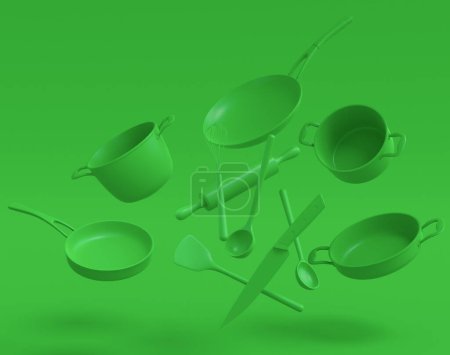 Téléchargez les photos : Ensemble d'ustensiles de cuisine en acier inoxydable volant, poêle et aluminium chromé sur fond vert monochrome. 3d rendu d'ustensiles de cuisine antiadhésifs - en image libre de droit