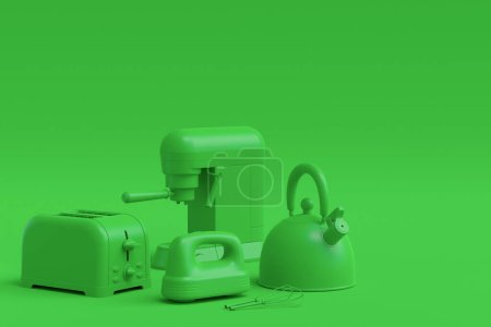 Téléchargez les photos : Cafetière expresso avec corne, bouilloire et cafetière geyser pour préparer le petit déjeuner sur fond vert monochrome. 3d rendu de cafetière pour la fabrication de café latte - en image libre de droit