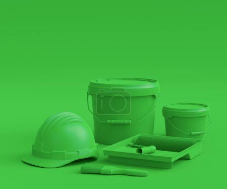 Téléchargez les photos : Set of metal cans or buckets with paint roller and tray for painting walls on monochrome background. 3d render of renovation apartment concept and interior design - en image libre de droit