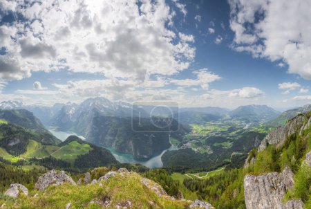 View of the Konigsee lake near Jenner mount in Berchtesgaden National Park, Upper Bavarian Alps, Germany, Europe. Beauty of nature concept background.
