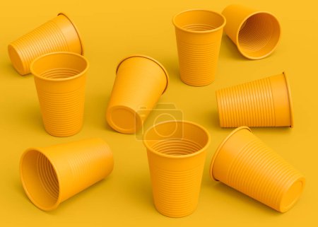 Téléchargez les photos : Set of plastic disposable party cup isolated on monochrome yellow background. 3d render of take away glass for juice, fresh, beer - en image libre de droit