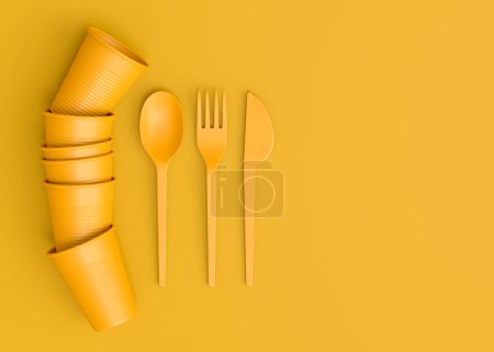 Téléchargez les photos : Set of disposable utensils like plate, folk, spoon,knife, cup and pepper and salt mill on yellow monochrome background with copy space. 3d render concept of save the earth and zero waste - en image libre de droit