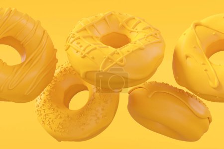 Téléchargez les photos : Chocolate glazed donut with sprinkles in motion falling on plain monochrome yellow color background with copy space. 3d render of fast food bakery ad design elements with frosting confectionery - en image libre de droit