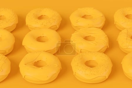 Téléchargez les photos : Isometric view of glazed donut with sprinkles on plain monochrome yellow color background with copy space. 3d render of fast food bakery ad design elements with frosting confectionery - en image libre de droit