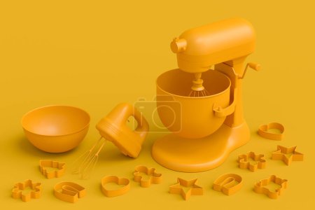 Téléchargez les photos : Mixer and cookie cutters with kitchen utensil for making cookies on yellow monochrome background. 3d render cooking process step by step and accessories for cooking, blending and mixing - en image libre de droit