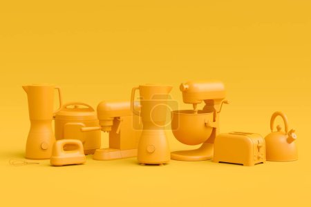 Téléchargez les photos : Electric kitchen appliances and utensils for making culinary on yellow monochrome background. 3d render of kitchenware for cooking, baking, blending and whipping - en image libre de droit