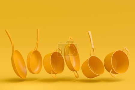 Téléchargez les photos : Set of flying stainless steel stewpot, frying pan and chrome plated aluminum cookware on yellow monochrome background. 3d render of non-stick kitchen utensils - en image libre de droit