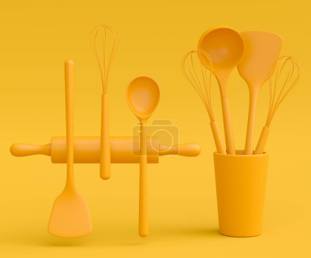 Téléchargez les photos : Wooden kitchen utensils, tools and equipment on yellow monochrome background. 3d render of home kitchen tools and accessories for cooking - en image libre de droit