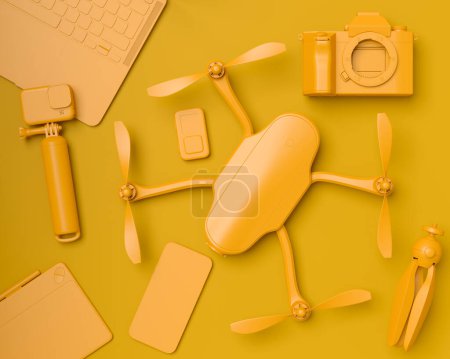 Top view of designer workspace and gear like nonexistent DSLR camera, mobile phone, drone and action camera on selfie stick on monochrome background. 3d rendering of accessories for live streaming