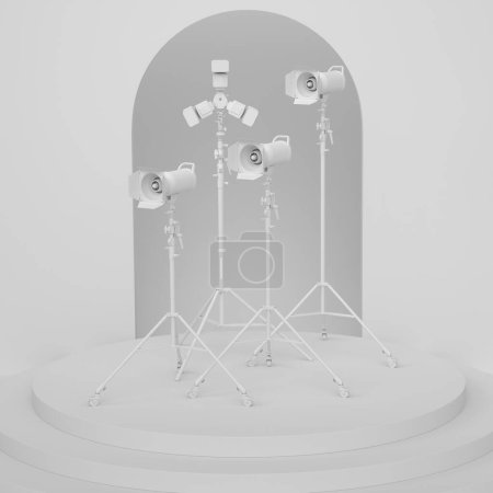Abstrakte Szene oder Podium mit Fotostudio-Blitz auf einem Lichtstativ auf monochromem Hintergrund. 3D-Rendering der Szene zur Produktpräsentation von professionellem Equipment wie Monoblock oder Monolight