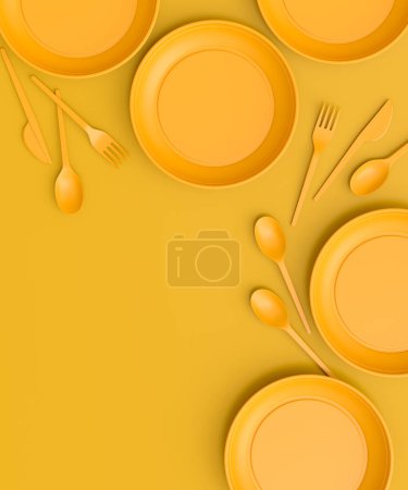 Photo for Set of disposable utensils like plate, folk, spoon,knife, cup and pepper and salt mill on yellow monochrome background with copy space. 3d render concept of save the earth and zero waste - Royalty Free Image