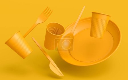 Photo for Set of disposable utensils like plate, folk, spoon,knife, cup and pepper and salt mill on yellow monochrome background with copy space. 3d render concept of save the earth and zero waste - Royalty Free Image