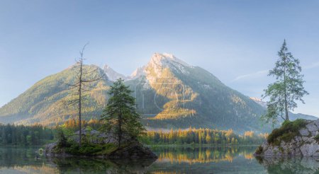 Mountain landscape and view of beautiful Hintersee lake in Berchtesgaden National Park, Upper Bavarian Alps, Germany, Europe. Beauty of nature concept background.