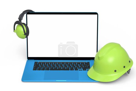 Ensemble de casques de sécurité ou casquettes rigides, écouteurs et ordinateur portable pour le travail de menuiserie sur fond blanc. 3d rendu et illustration d'outil pour le travail de menuiserie ou de coiffure de travail