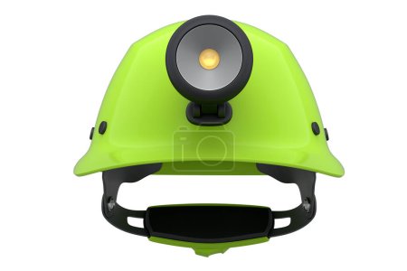 Casque de sécurité vert ou casquette rigide avec lampe de poche isolée sur fond blanc. rendu 3d et illustration de coiffures et outils bricoleurs