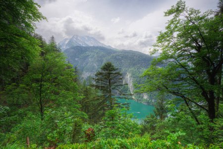 Vista del lago Konigsee cerca del monte Jenner en el Parque Nacional Berchtesgaden, Alpes bávaros superiores, Alemania, Europa. Belleza de la naturaleza concepto fondo.