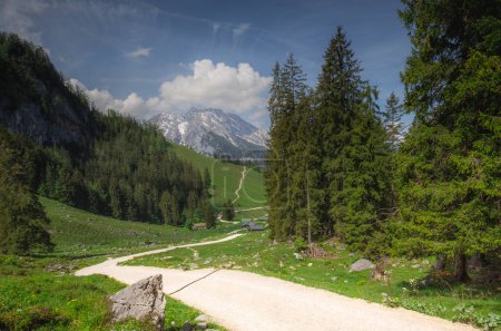 Hermosa vista del valle de la montaña con pistas cerca del monte Jenner en el Parque Nacional Berchtesgaden, Alpes bávaros superiores, Alemania, Europa. Belleza de la naturaleza concepto fondo.