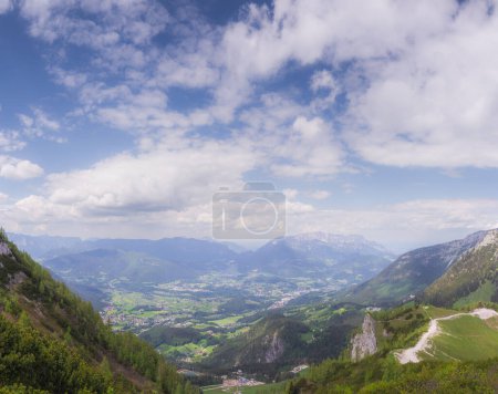 Beautiful view of mountain valley with tracks near Jenner mount in Berchtesgaden National Park, Upper Bavarian Alps, Germany, Europe. Beauty of nature concept background.