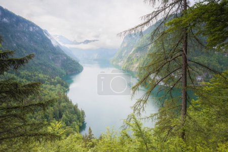 View of the Konigsee lake near Jenner mount in Berchtesgaden National Park, Upper Bavarian Alps, Germany, Europe. Beauty of nature concept background.