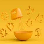 Mixer and cookie cutters with kitchen utensil for making cookies on yellow monochrome background. 3d render cooking process step by step and accessories for cooking, blending and mixing