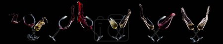 Téléchargez les photos : Ensemble de verres à vin rouge et champagne isolés sur un fond noir. Concept d'activité viticole et gastronomique - en image libre de droit