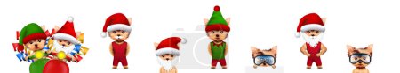 Chien drôle Père Noël portant chapeau, barbe et moustache avec elfe. Nouvel An et concept de Noël.