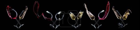 Téléchargez les photos : Ensemble de verres à vin rouge et champagne isolés sur un fond noir. Concept d'activité viticole et gastronomique - en image libre de droit
